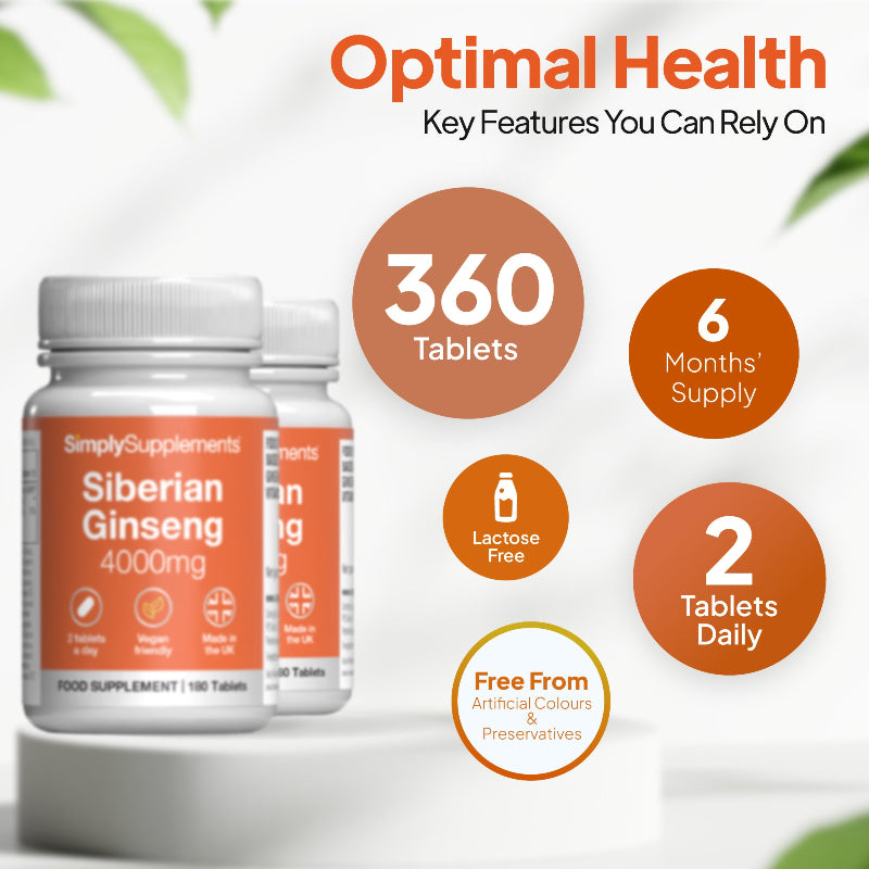 Simply Supplements Siberian Ginseng 4,000mg include 360 tablets
