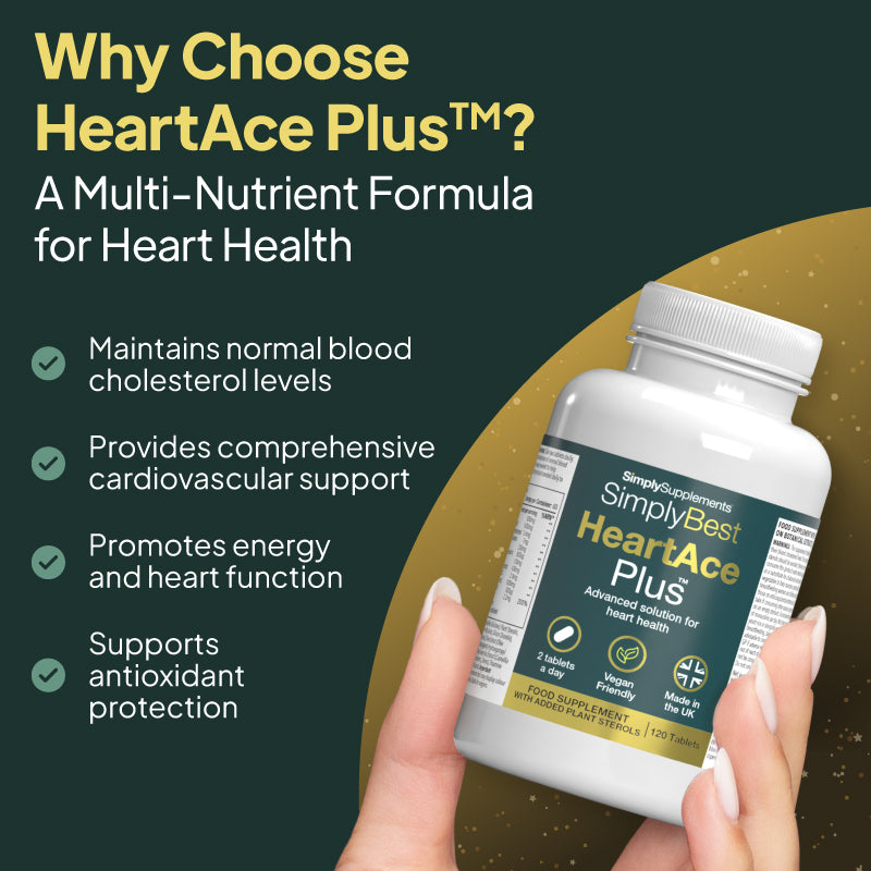 Simply Supplements Simply Best HeartAce Plus, highlighting support for normal cholesterol levels, cardiovascular health, energy and heart function, and antioxidant protection
