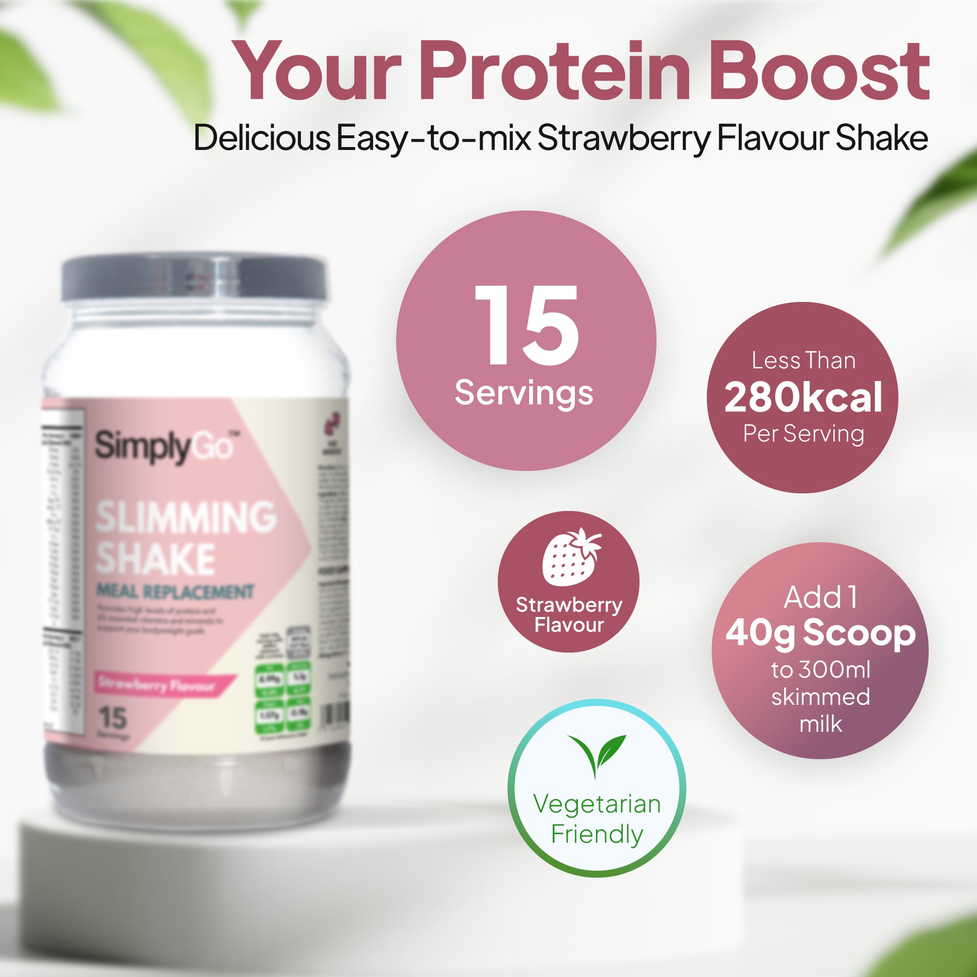 Strawberry slimming shake meal replacement with 15 servings, under 280 calories per serving, and vegetarian-friendly formula
