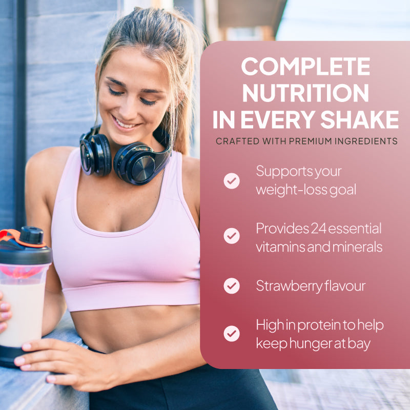 Young woman holding a strawberry meal replacement shake beside a nutrition graphic highlighting high protein and 24 essential vitamins and minerals