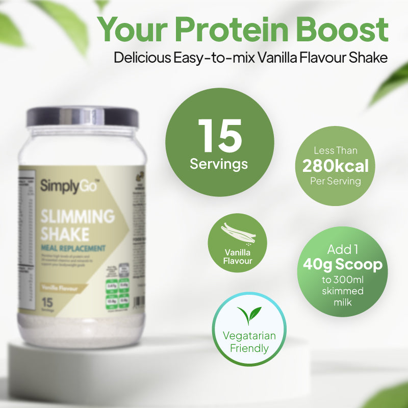 Vanilla slimming shake meal replacement with 15 servings, under 280 calories per serving, and vegetarian-friendly formula