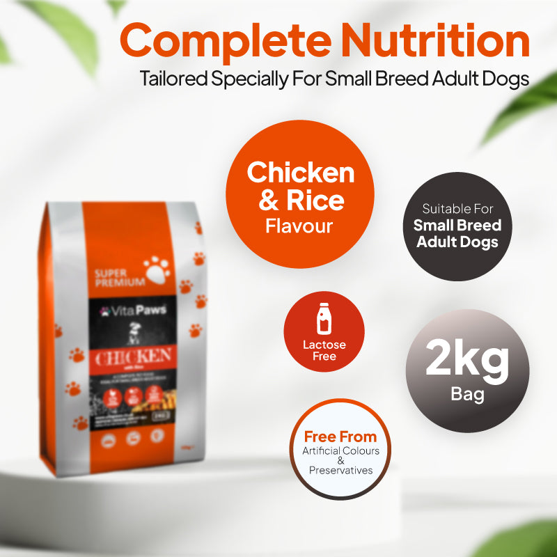 Chicken and rice dog food in a 2kg bag for small breed adult dogs, lactose free and free from artificial colours and preservatives