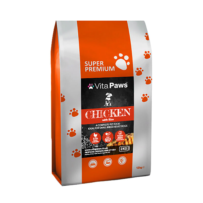 Vita Paws Super Premium Chicken dog food packaging on a white background
