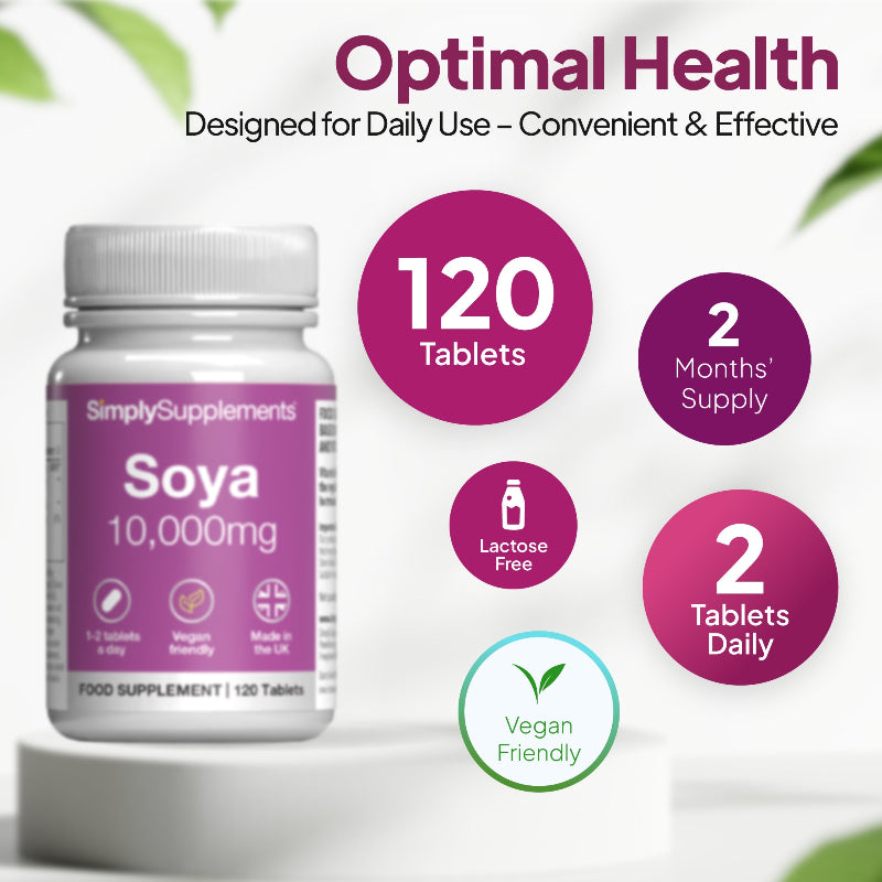 Soya 10,000mg supplement bottle with dosage- 2 months' supply (2 tablets daily). Vegan Friendly