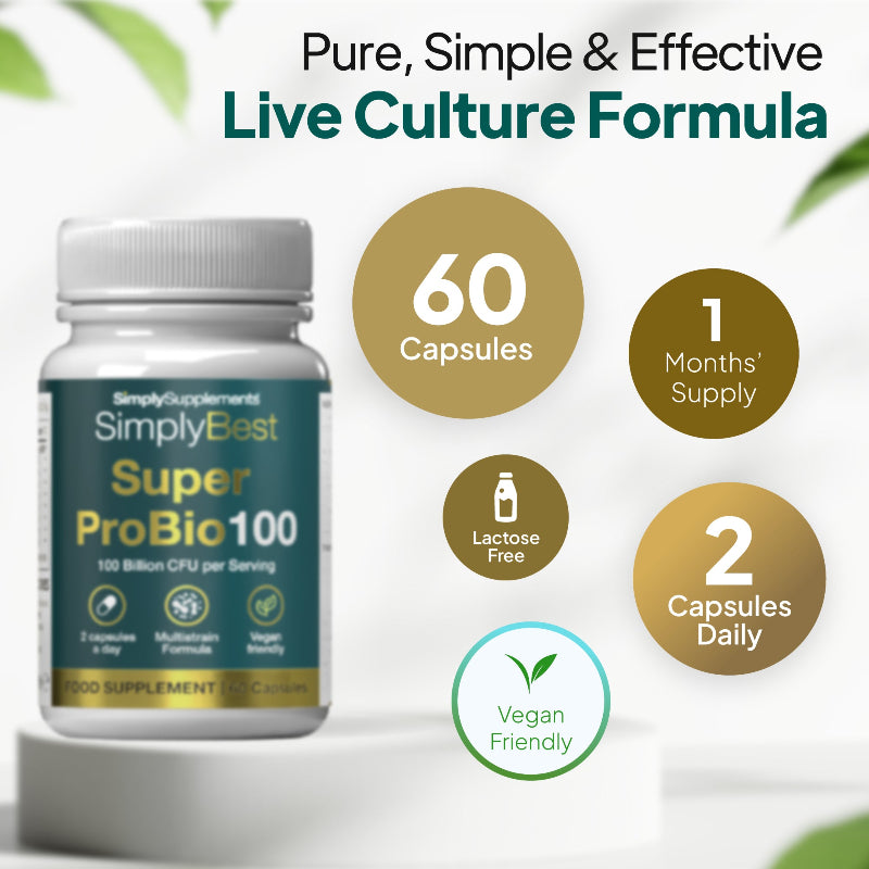 Simply Supplements Super ProBio 100 live culture formula graphic showing 60 capsules, 1 month supply, 2 capsules daily, lactose free formula and vegan friendly probiotic support.