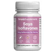 Front label of Simply Supplements Soya Isoflavones food supplement, showing 20mg isoflavones per serving, 120 tablets, vegan friendly formula and made in the UK.