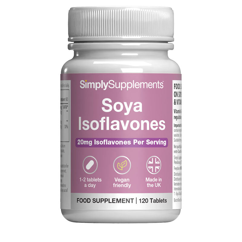 Front label of Simply Supplements Soya Isoflavones food supplement, showing 20mg isoflavones per serving, 120 tablets, vegan friendly formula and made in the UK.