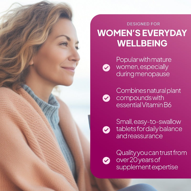 Simply Supplements Soya Isoflavones women’s wellbeing lifestyle graphic highlighting support for mature women, menopausal balance, vitamin B6, easy-to-swallow tablets and trusted daily hormonal