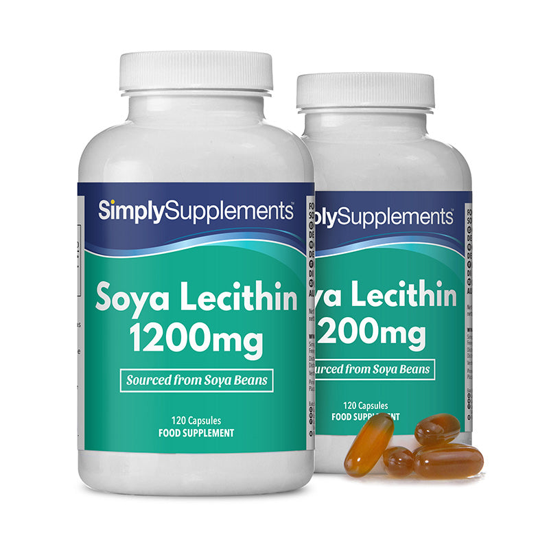 Two bottles of Simply Supplements Soya Lecithin 1200mg on a white background