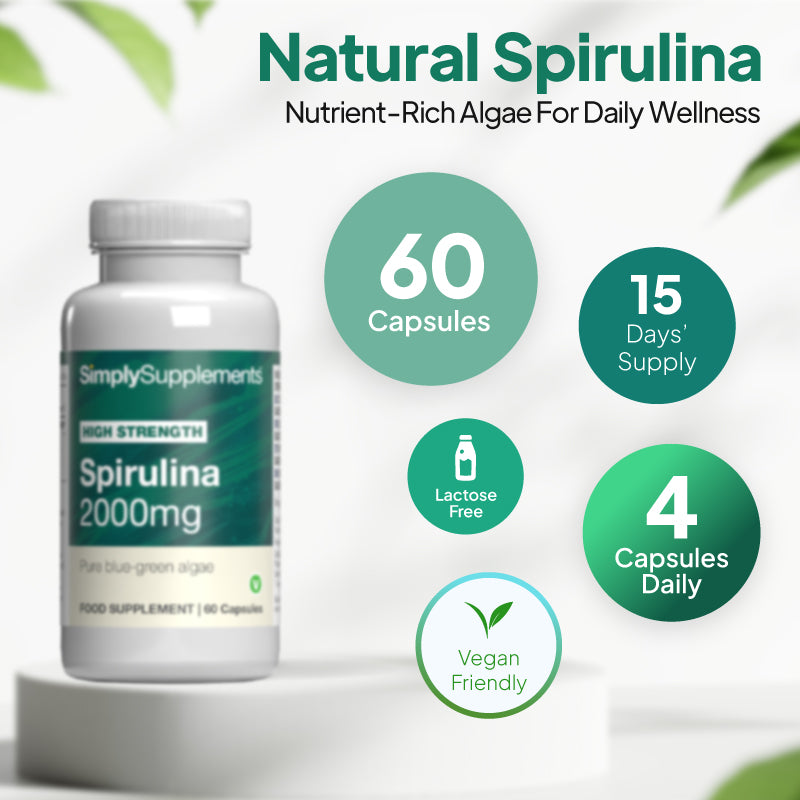 Simply Supplements Spirulina 2000mg supplement graphic showing 60 capsules, 15 days supply, 4 capsules daily, lactose free formula and vegan friendly nutritional support.