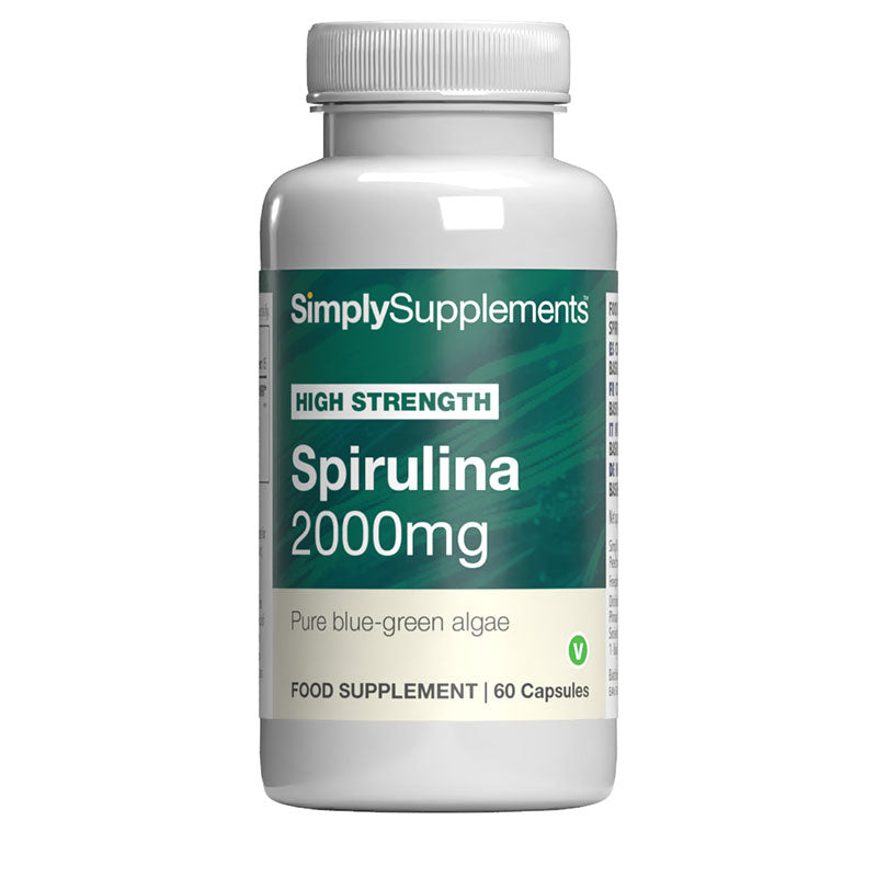 Supplement bottle of Spirulina 2000mg by Simply Supplements on a white background