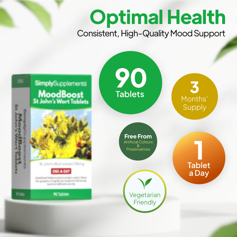 Product infographic for SimplySupplements MoodBoost St John’s Wort Tablets, showing the box on a white pedestal against a light background with green and orange circular callouts under the heading “Optimal Health” and subheading “Consistent, High-Quality Mood Support,” highlighting 90 tablets, 3 months’ supply, free from artificial colours and preservatives, vegetarian friendly, and 1 tablet a day.