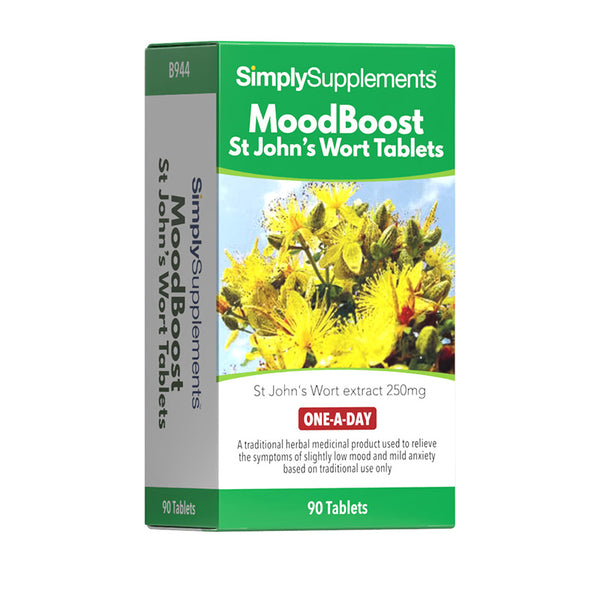 Box of SimplySupplements MoodBoost St John's Wort Tablets with St John's Wort flowers on a white background