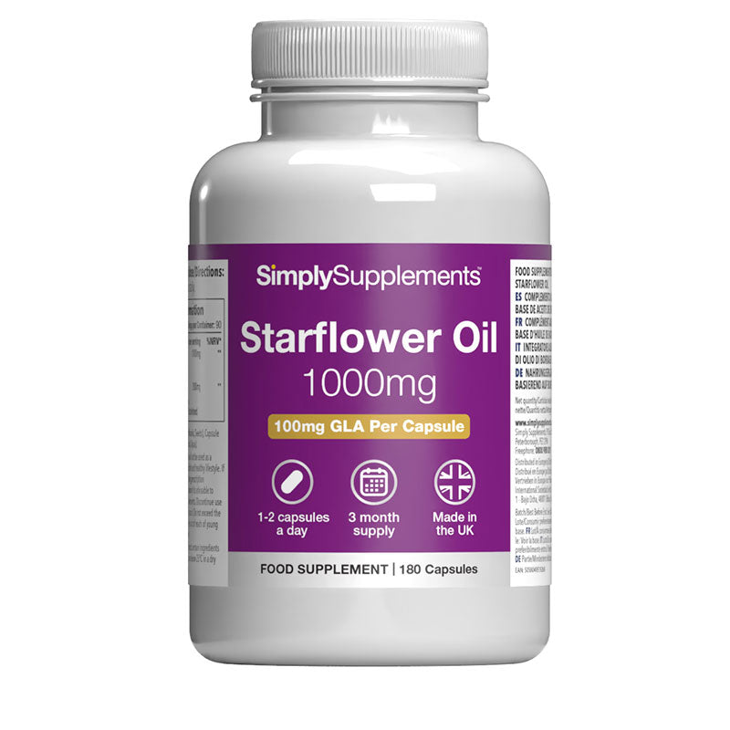Supplement bottle labeled 'SimplySupplements Starflower Oil 1000mg' on a white background