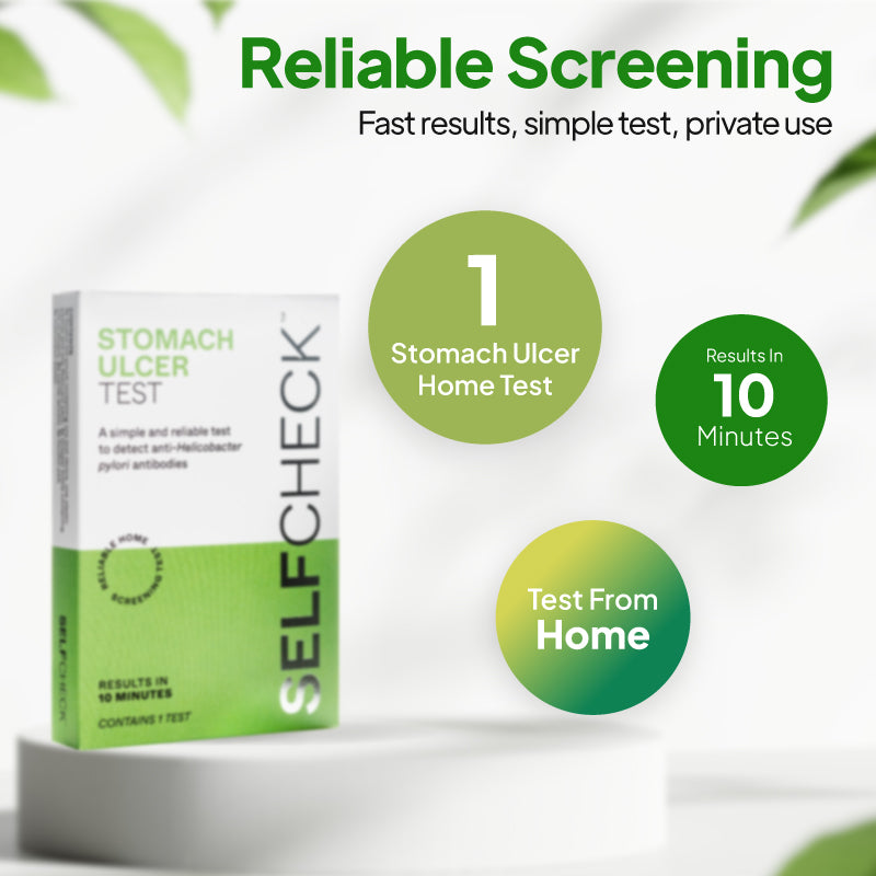 Product infographic for the SELFCheck Stomach Ulcer Test, showing the test box on a white pedestal against a light background with green circular callouts under the heading “Reliable Screening” and subheading “Fast results, simple test, private use,” highlighting 1 stomach ulcer home test, results in 10 minutes, and testing from home.