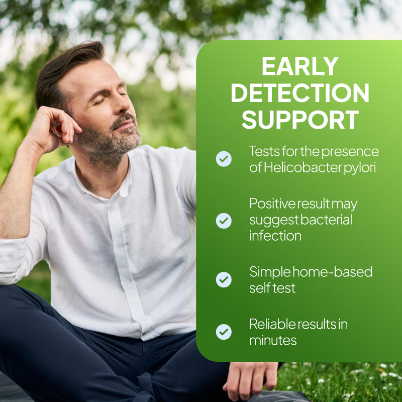 Lifestyle promotional graphic for the SELFCheck Stomach Ulcer Test, showing a seated man outdoors beside a green text panel reading “Early Detection Support,” with points highlighting testing for the presence of Helicobacter pylori, that a positive result may suggest bacterial infection, simple home-based self-testing, and reliable results in minutes.