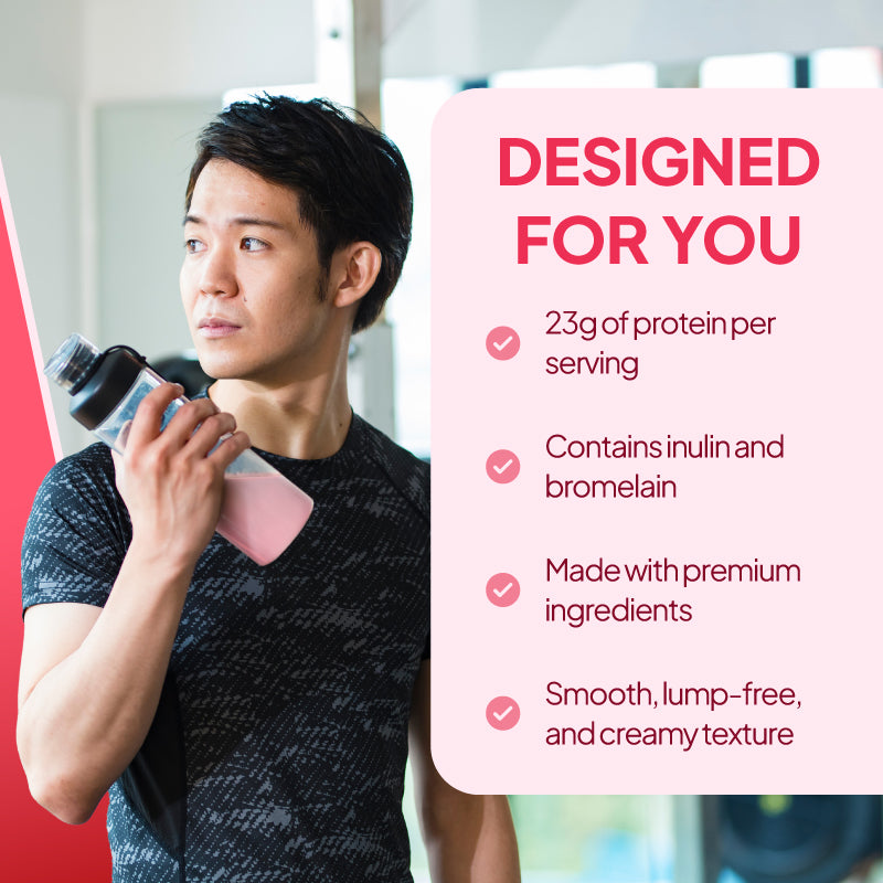 SimplyGo Strawberry Whey Protein lifestyle graphic highlighting 23g protein per serving, added inulin and bromelain, premium ingredients and smooth lump-free creamy texture.
