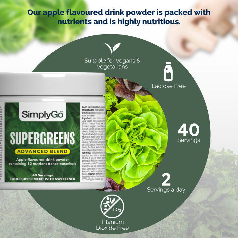 SimplyGo Supergreens Advanced Blend apple flavoured drink powder, 40 servings, vegan and vegetarian friendly, lactose free, two servings a day, and titanium dioxide free