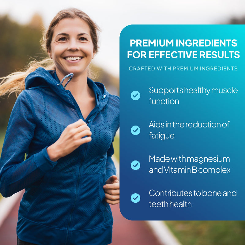 Super Magnesium 250mg with Vitamin B Complex supports healthy muscle function and aids in the reduction of fatigue