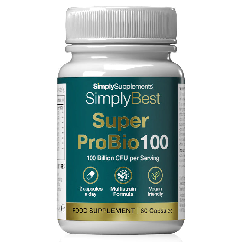 Supplement bottle labeled 'SimplyBest Super ProBio 100' on a white background