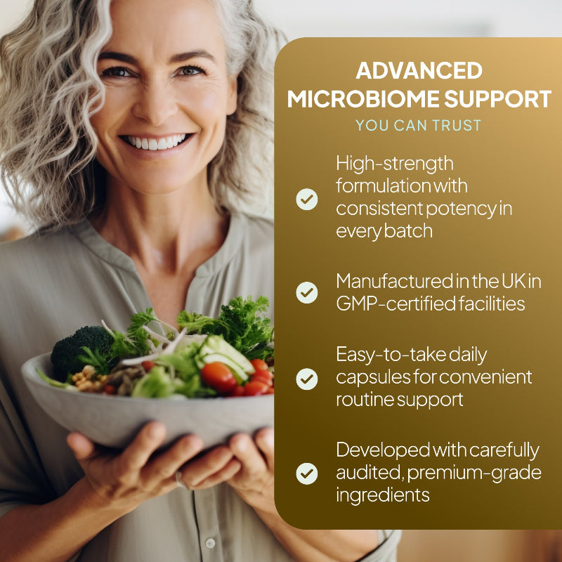 Simply Supplements Super ProBio 100 advanced microbiome support lifestyle graphic highlighting high-strength probiotic formulation, UK GMP-certified manufacturing, easy daily capsules and premium-grade audited ingredients.