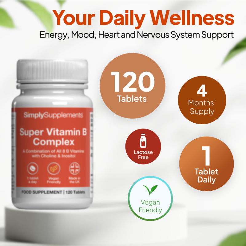 Simply Supplements Super Vitamin B Complex supplement with 120 tablets, 4 months’ supply, 1 tablet daily, lactose free and vegan friendly.