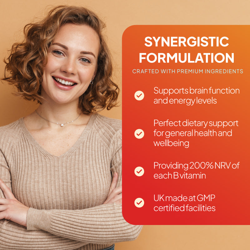Simply Supplements Super Vitamin B Complex lifestyle graphic highlighting brain function, energy levels, general health support, 200% NRV of each B vitamin, and UK GMP-certified quality.