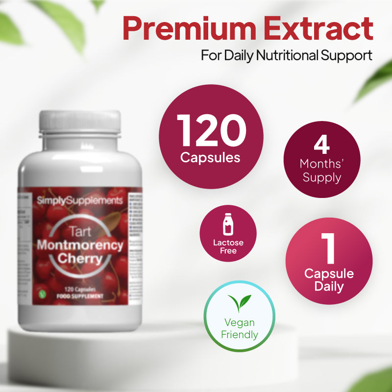 Product infographic for Simply Supplements Tart Montmorency Cherry showing 120 capsules, 4 months’ supply, 1 capsule daily, lactose free, and vegan friendly.
