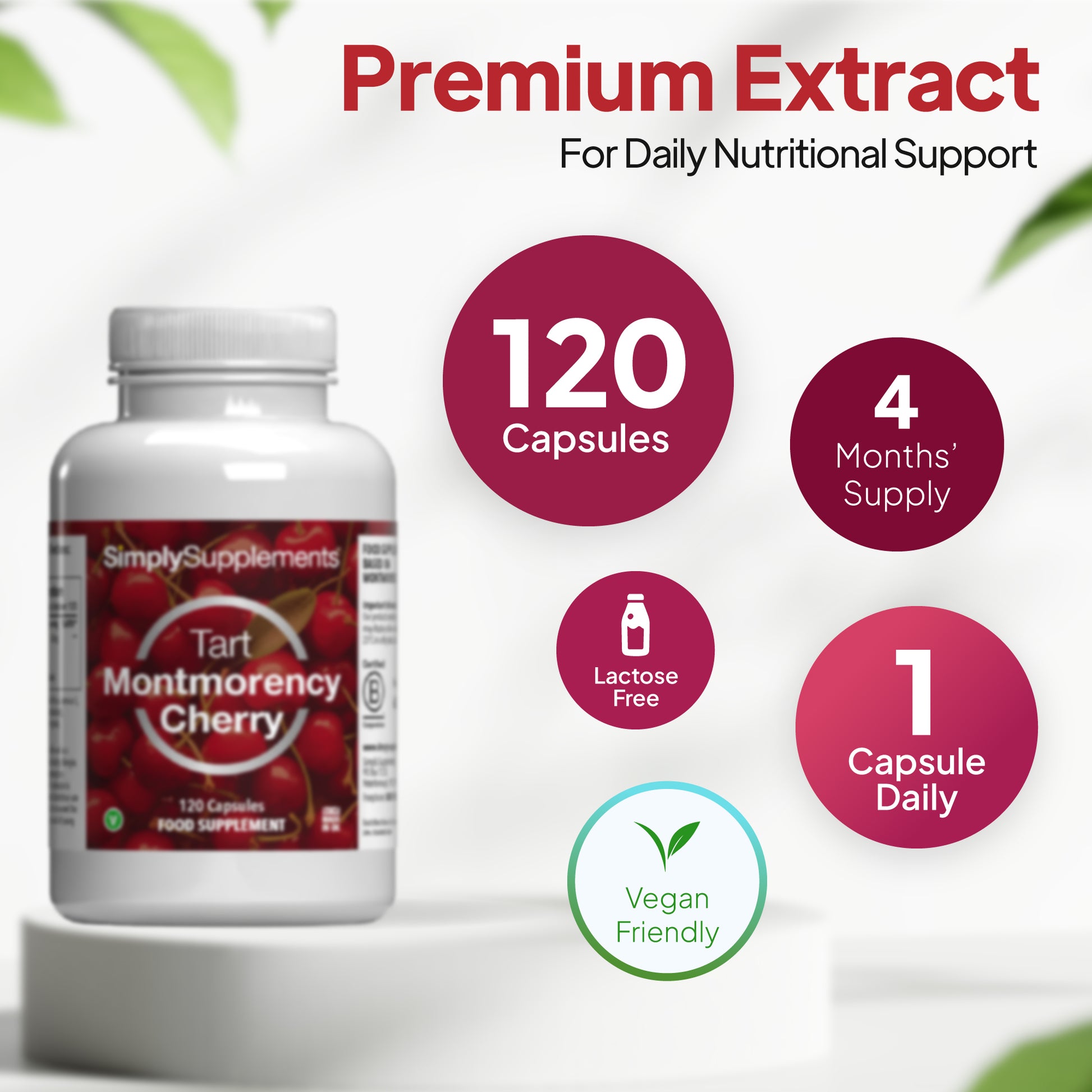 Product infographic for Simply Supplements Tart Montmorency Cherry showing 120 capsules, 4 months’ supply, 1 capsule daily, lactose free, and vegan friendly.