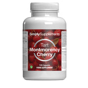 Supplement bottle labeled 'Tart Montmorency Cherry' by Simply Supplements on a white background