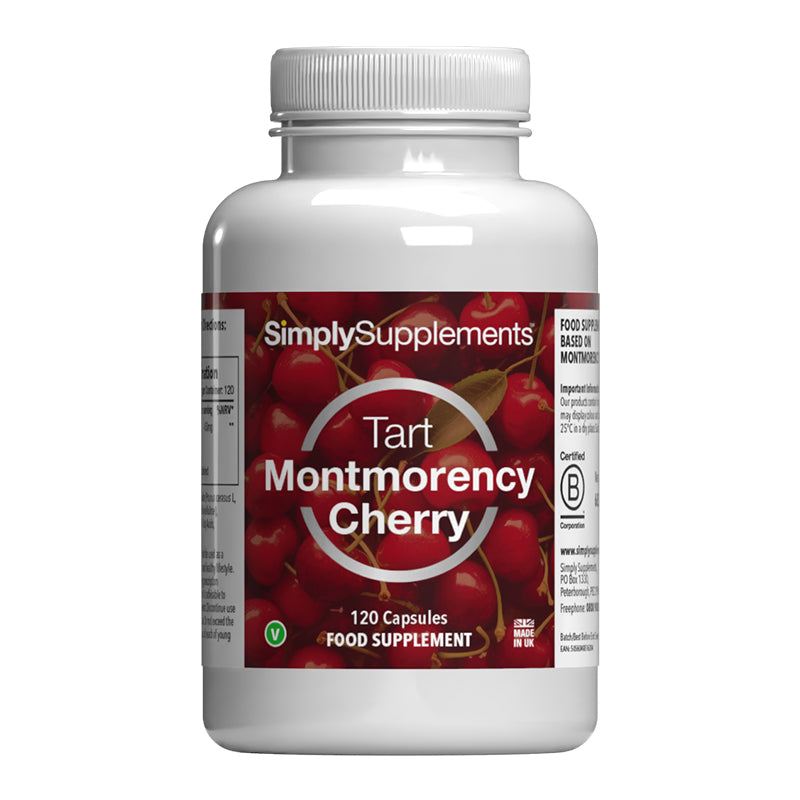 Supplement bottle labeled 'Tart Montmorency Cherry' by Simply Supplements on a white background