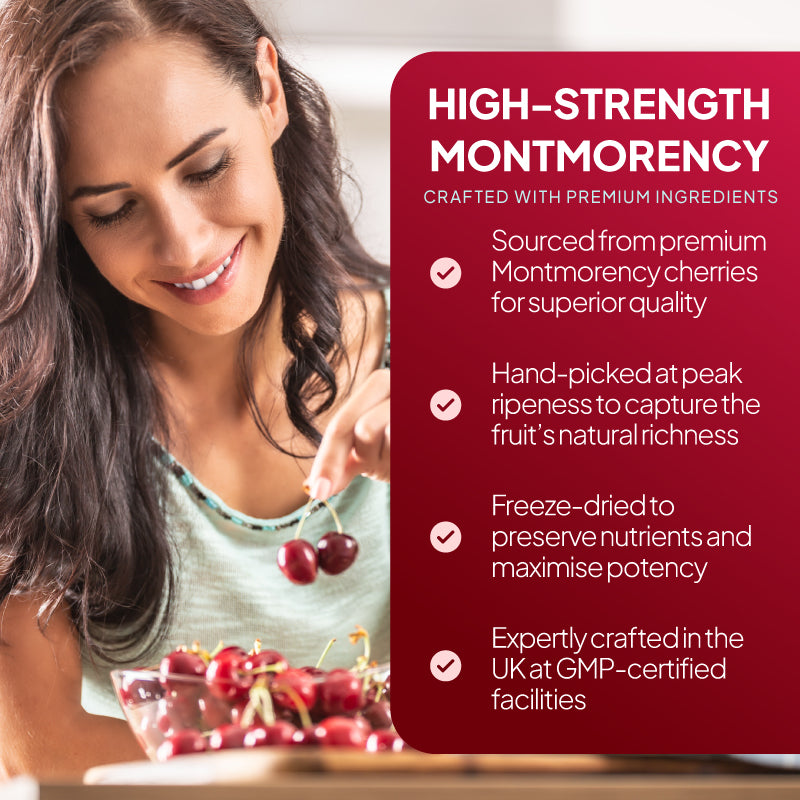 Lifestyle graphic for Simply Supplements Tart Montmorency Cherry showing a woman holding cherries and claims including premium Montmorency cherries, hand-picked at peak ripeness, freeze-dried to preserve nutrients and potency, and crafted in the UK at GMP-certified facilities.