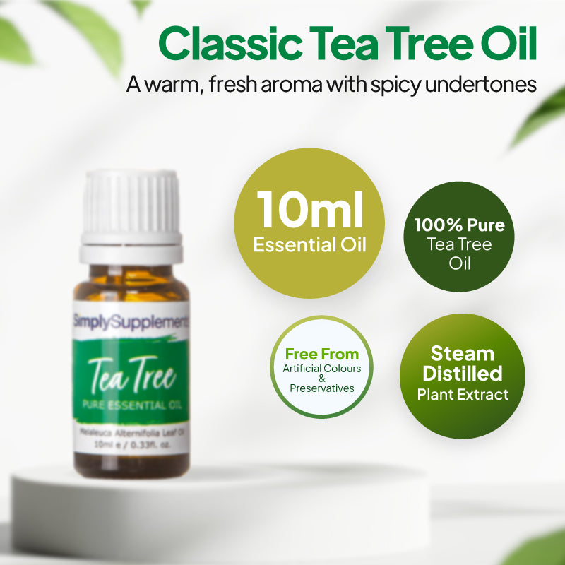 Simply Supplements Tea Tree essential oil graphic showing 10ml total, 100 percent pure tea tree oil, steam-distilled plant extract and free from artificial colours and preservatives.