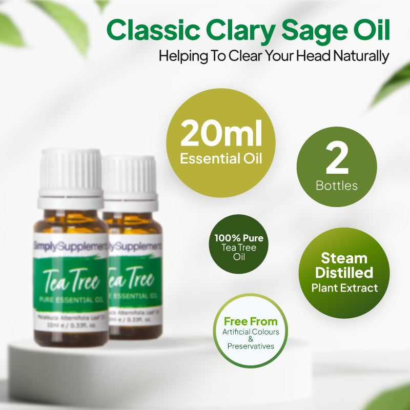 Simply Supplements Tea Tree essential oil graphic showing 20ml total, 2 bottles, 100 percent pure tea tree oil, steam-distilled plant extract and free from artificial colours and preservatives.