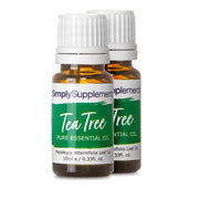 Two bottles of Simply Supplements Tea Tree Pure Essential Oil on a white background