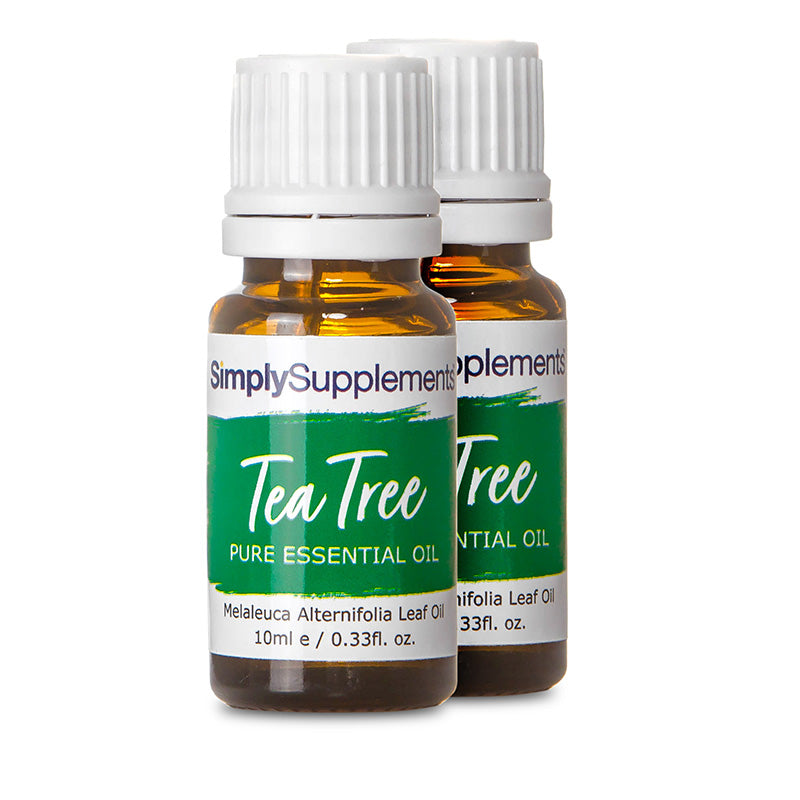 Two bottles of Simply Supplements Tea Tree Pure Essential Oil on a white background
