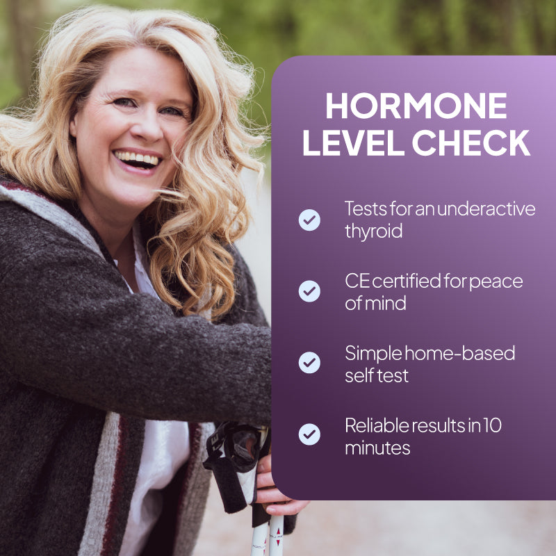 Lifestyle promotional graphic for the SELFCheck Thyroid Health Test, showing a smiling woman outdoors beside a purple text panel reading “Hormone Level Check,” with points highlighting testing for an underactive thyroid, CE certification for reassurance, a simple home-based self-test, and reliable results in 10 minutes.