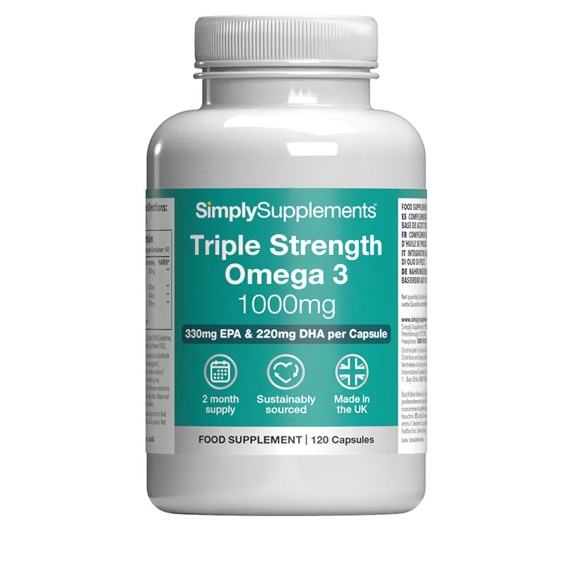 Bottle of SimplySupplements Triple Strength Omega 3 1000mg on a white background