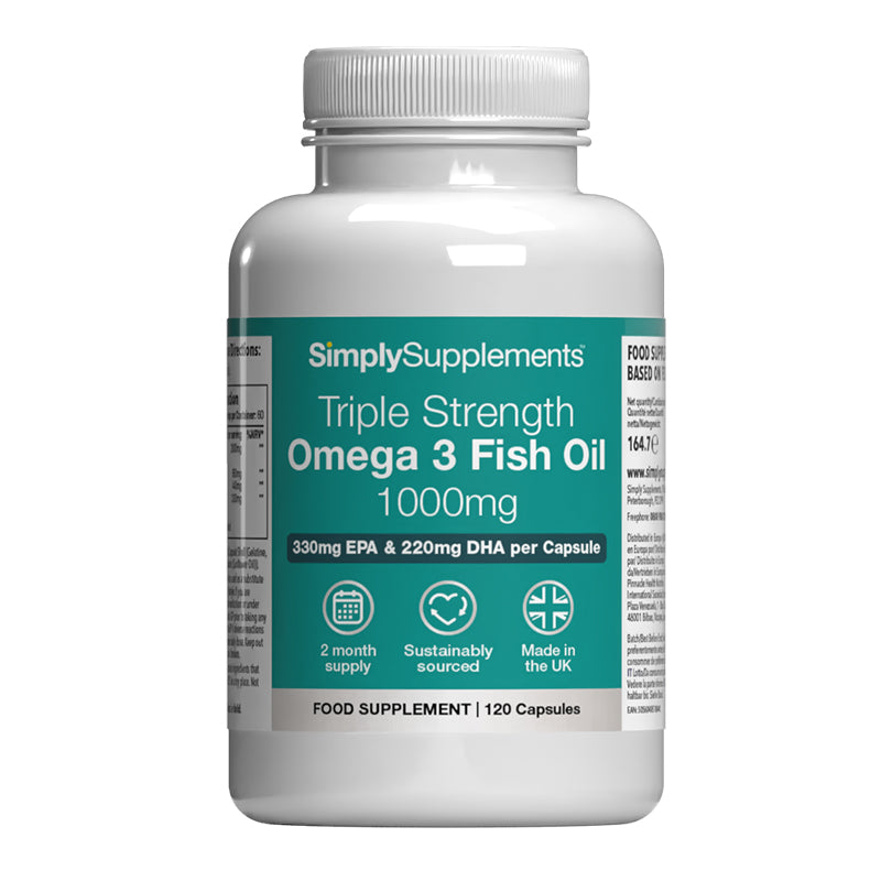 Bottle of SimplySupplements Triple Strength Omega 3 1000mg on a white background