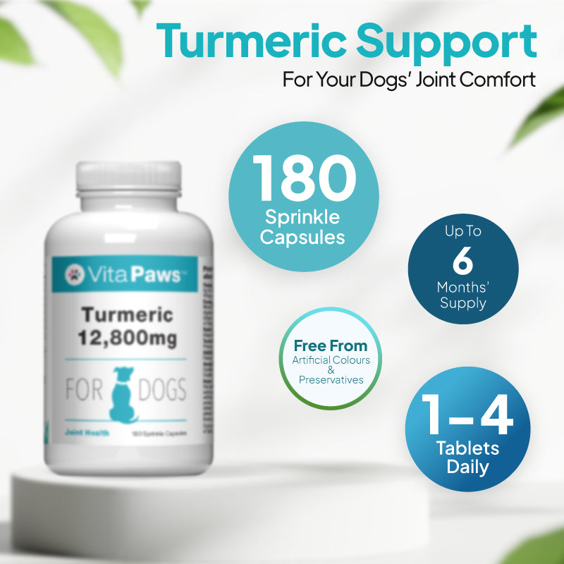 Dog turmeric supplement with 180 sprinkle capsules, up to 6 months’ supply, free from artificial colours and preservatives