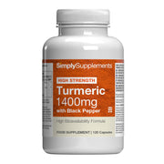 Supplement bottle labeled 'SimplySupplements High Strength Turmeric 1400mg with Black Pepper' on a white background