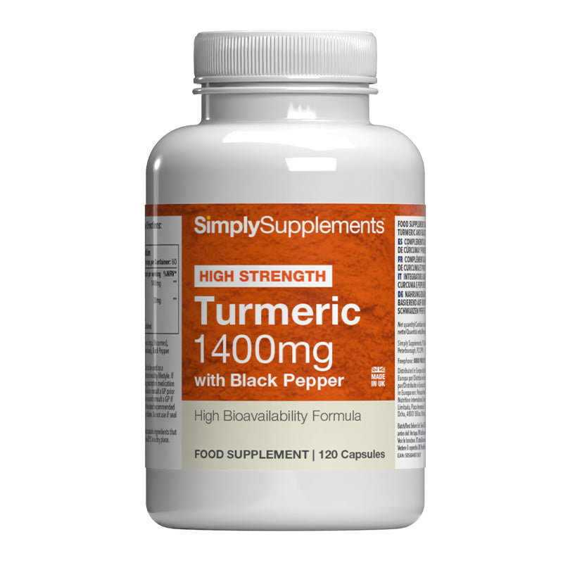 Supplement bottle labeled 'SimplySupplements High Strength Turmeric 1400mg with Black Pepper' on a white background