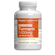 Supplement bottle labeled 'SimplySupplements High Strength Turmeric 1400mg with Black Pepper' on a white background