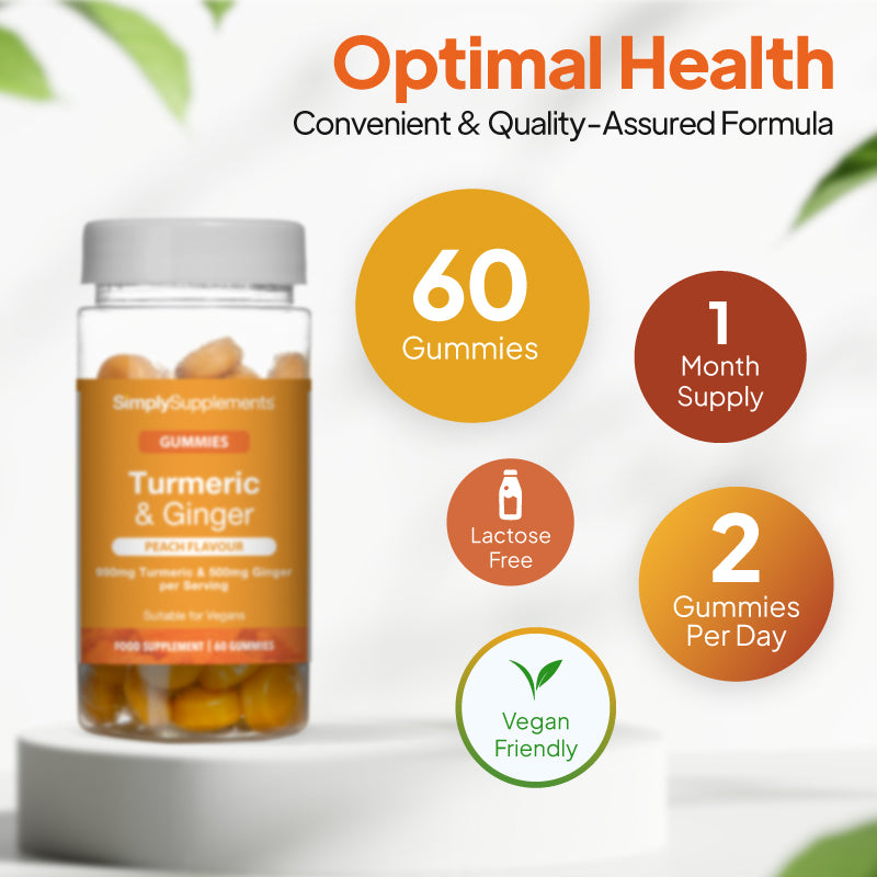 Turmeric and Ginger gummies bottle image with 60 gummies, 1 month supply, lactose free, 2 gummies per day, and vegan friendly