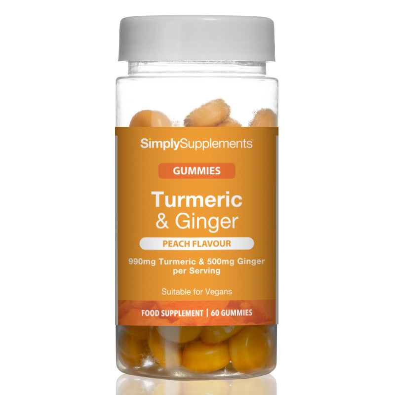 Simply Supplements Turmeric and Ginger gummies food supplement with peach flavour, 990mg turmeric, 500mg ginger per serving, suitable for vegans, and 60 gummies