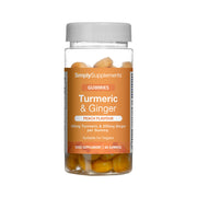 Simply Supplements Turmeric and Ginger gummies food supplement with peach flavour, 495mg turmeric, 250mg ginger per gummy, suitable for vegans, and 60 gummies