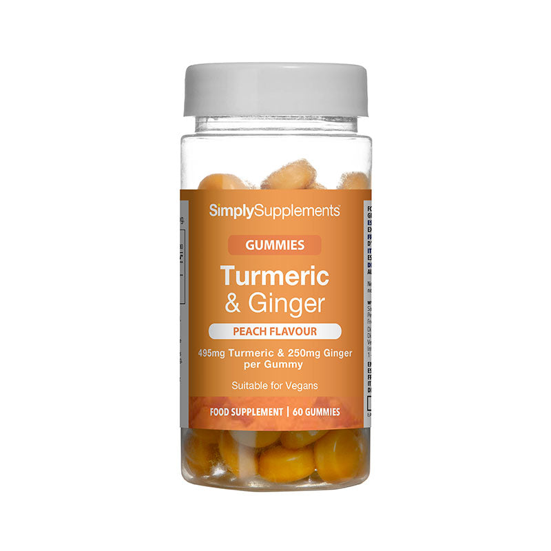 Simply Supplements Turmeric and Ginger gummies food supplement with peach flavour, 495mg turmeric, 250mg ginger per gummy, suitable for vegans, and 60 gummies