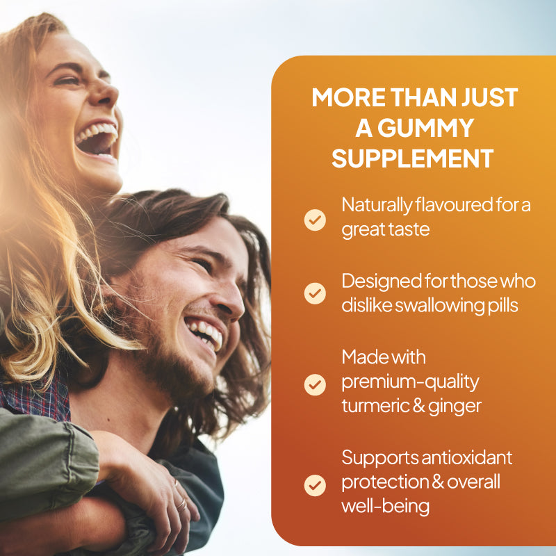 Turmeric and Ginger gummies lifestyle benefits image showing two smiling people outdoors alongside claims about great taste, easy-to-take gummy format, premium turmeric and ginger, and antioxidant support for overall wellbeing