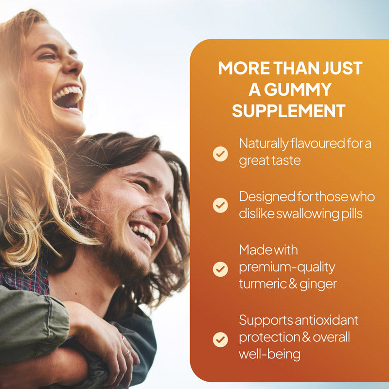 Turmeric and Ginger gummies lifestyle benefits image showing two smiling people outdoors alongside claims about great taste, easy-to-take gummy format, premium turmeric and ginger, and antioxidant support for overall wellbeing