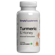 SimplySupplements Turmeric and Honey advanced formulation food supplement bottle with 120 tablets and vegetarian friendly label